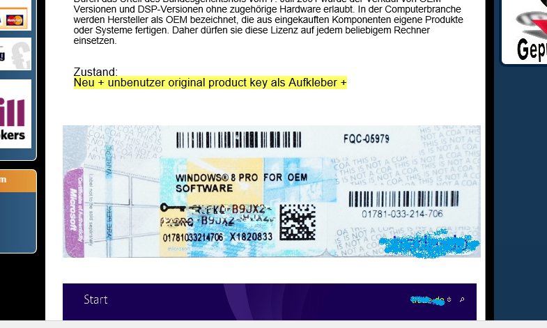 Windows 8 OEM-Key von eBay
